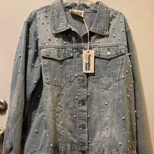 Savanna Jane light washed denim jacket bedazzled with front and back pearls. NWT